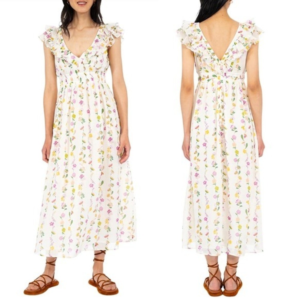 Banjanan NEW Maya Cotton Midi Dress in Folk Floral Magnolia Women's Size Small